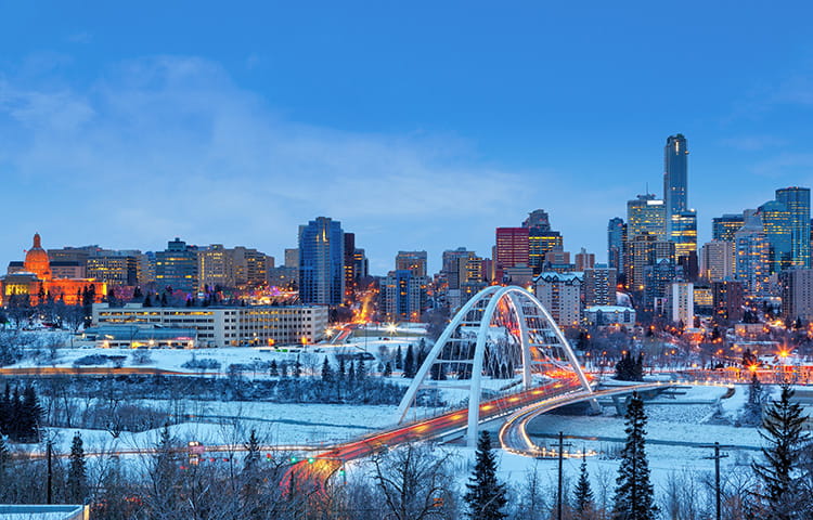 Edmonton Downtown Skyline Just After Sunset in the Winter Showin